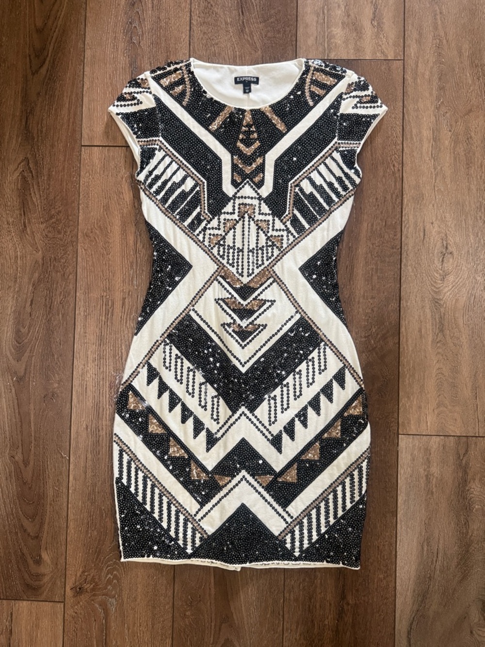 Express Black, Cream & Gold Geo Sequin Mini Dress